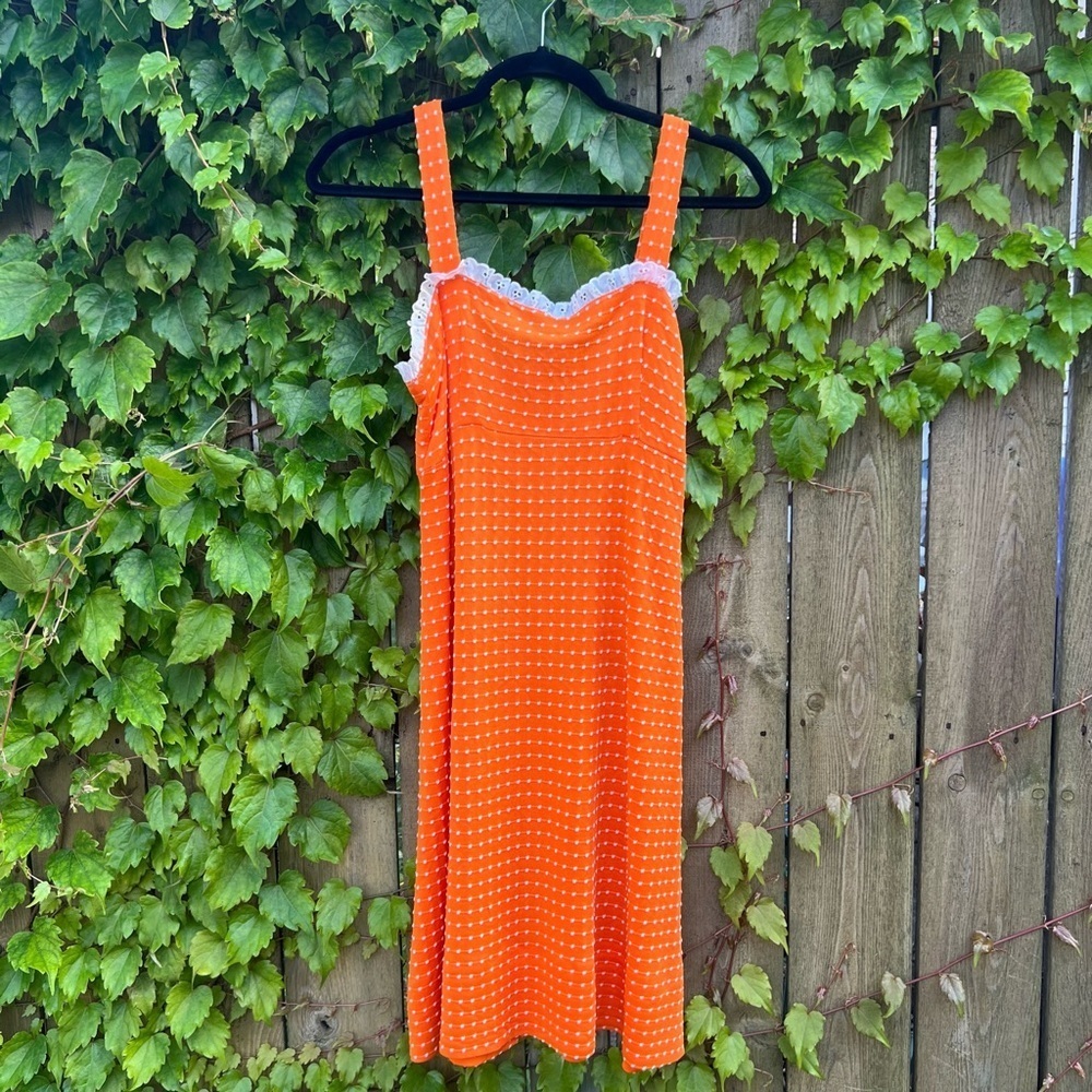 Vintage 60s orange polka dotted tank dress with eyelet trim
